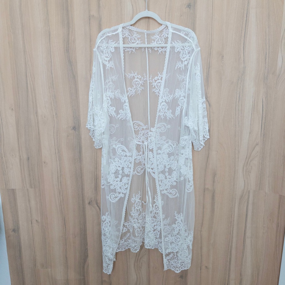 Womens‎ Lace Sheer Kimono Cardigan OS White Floral Tie Front Long Fairy Festival